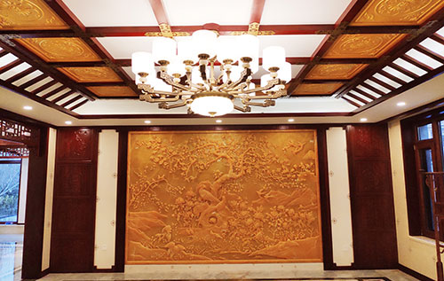 南桥镇中式别墅客厅中式木作横梁吊顶装饰展示